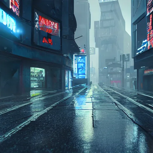 Prompt: A street level view of a raining cyberpunk city, unreal engine, volumetric lighting, 4k