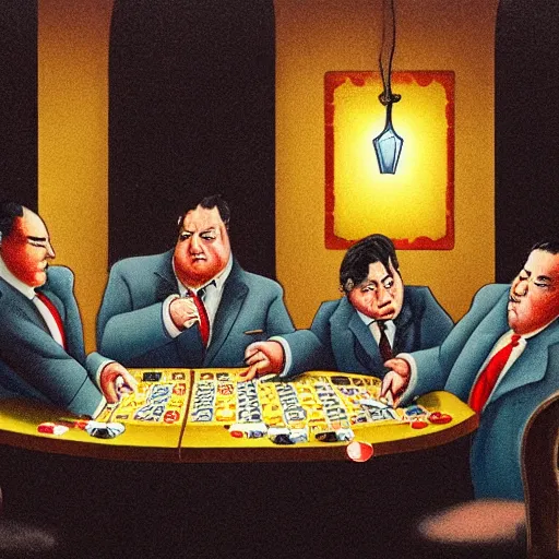 Image similar to fat mobster cats gambling at a table with a single light overhead, dark room, smoke fills the room, american art style