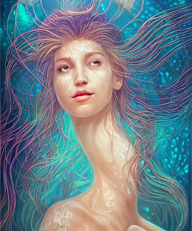 Image similar to underwater portrait of a goddess mermaid with (reaction diffusion) scaled fish skin Bioluminescent phoenix jellyfish, phoenix fire, chimera, energy rays, Her breath shot a haze of steam out into the frosty morning air concept, soft light, soft mood, realistic body features and face, illustration,intricate ornament halo, painting oil on canvas by Elena Zhurikhina and Goro Fujita and Charlie Bowater, octane render trending on artstation, 4k, 8k, HD