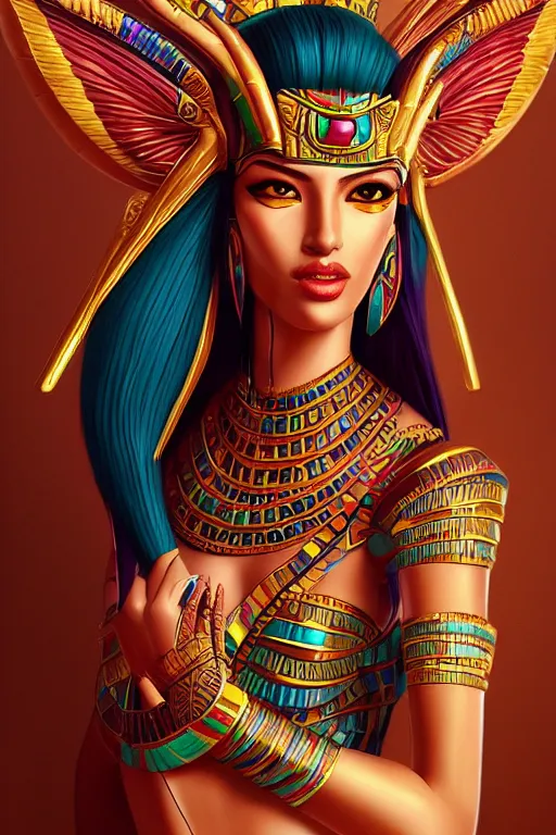 Image similar to egyptian cat goddess, vivid colors, high details, cinematic, 8k resolution, beautiful detailed, photorealistic, digital painting, artstation, concept art, smooth, sharp focus, illustration, fantasy background, artstation trending, octane render, unreal engine