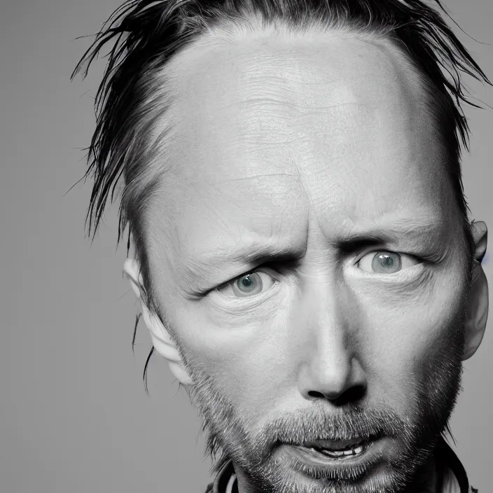 Prompt: closeup portrait of thom yorke's face as his band radiohead loses the nickelodeon kid's choice award for best band. professional photography