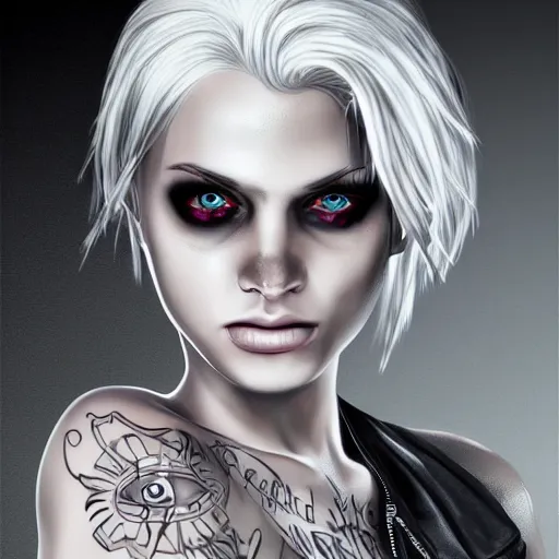 Image similar to Hot young woman, winking, grey skinned, void eyeballs, white hair, tattoos, wearing leather jacket and wifebeater tank top, digital art, concept art, ultra detailed, 4k,