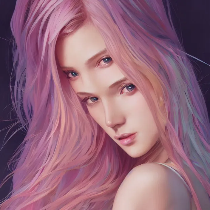 Image similar to portrait of beautiful symmetrical anime girl, rainbow hair, attractive, casual, modern, victoria's secret, highly detailed, digital painting, artstation, concept art, smooth, sharp focus, illustration, art by artgerm, greg rutkowski and alphonse mucha, 8 k,