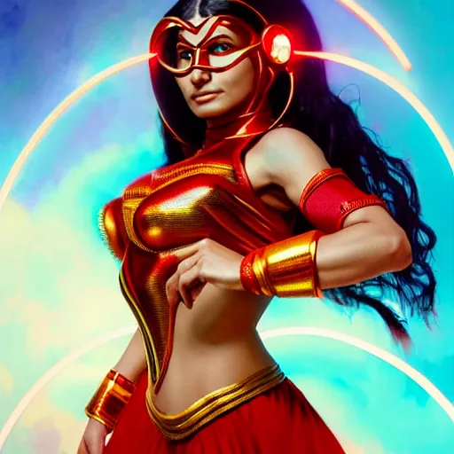 Image similar to mia khalifa as darna, wax figure, glowing eyes, volumetric lights, red and cyan theme, art nouveau botanicals, intricate, highly detailed, digital painting, artstation, concept art, smooth, sharp focus, cinematic, illustration, beautiful face, art by artgerm and greg rutkowski and alphonse mucha