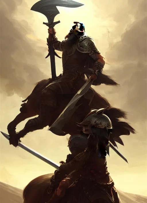 Image similar to epic bearded war commander holding gigantic sword and large shield riding a horse. highly detailed, digital painting, concept art, smooth, sharp focus, illustration, art by greg rutkowski