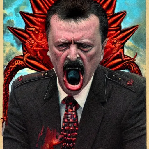 Prompt: igor ivanovich strelkov became an bloody angry degraded satanic hellfire demon and calling for total mobilization, photo - realistic, color image, 2 k, highly detailed, bodyhorror, occult art