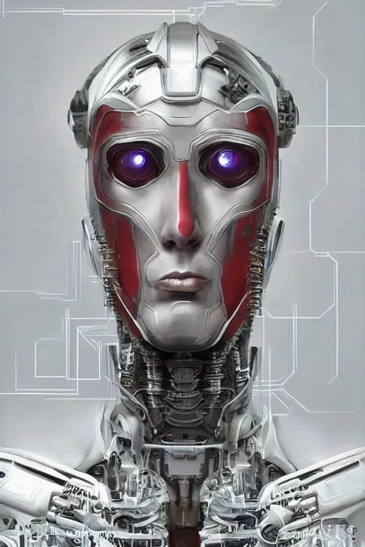 Image similar to futurist half human half robot soldier, art by leyendecker, head and shoulders portrait, blood, cyberpunk, cybernetic implants, warrior face paint, very intricate, award winning, extreme details