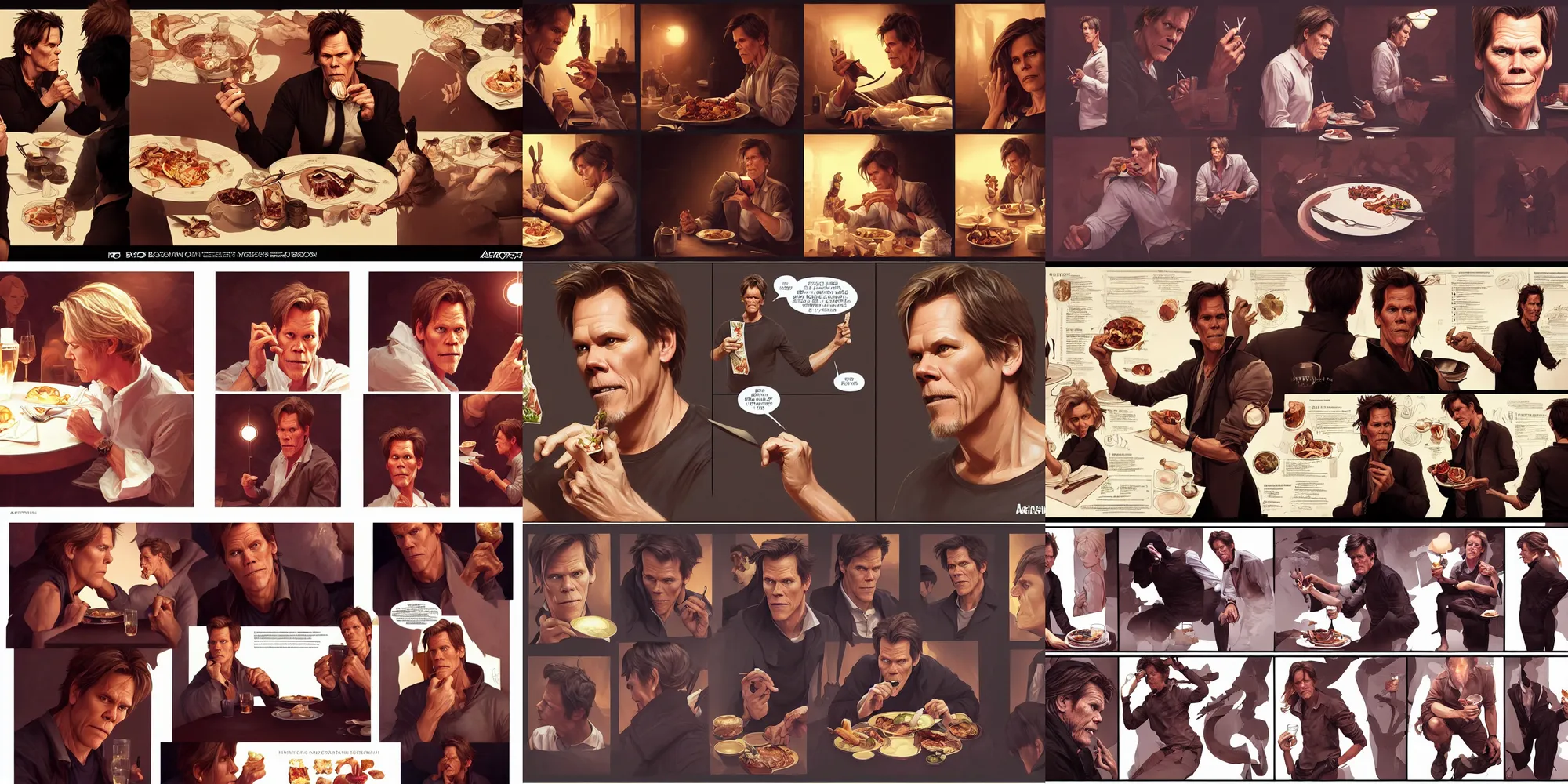 Prompt: kevin bacon eating dinner, character sheet, character design, contrast, deep focus, turnaround, highly detailed, dramatic lighting, digital painting, artstation, concept art, matte, sharp focus, illustration, elegant, art by artgerm and greg f and alphonse mucha.