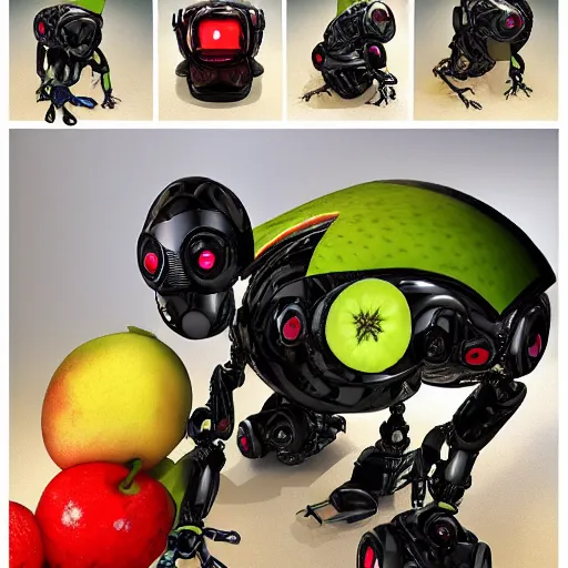 Prompt: a robot made entirely out of fruits, being chased by a vicious fruit - bat detailed, 8 k, trending on artstation, award - winning art,