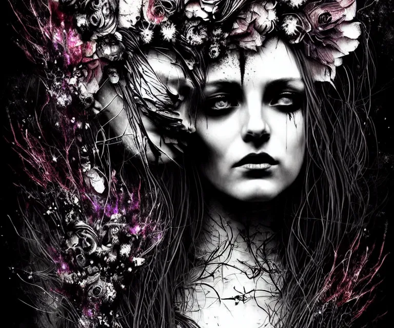 Prompt: stunning otherworldly gothic goddess of freewill, dark and mysterious, atmospheric, ominous, eerie, cinematic, epic, 8 k, ultra detail, ultra realistic | nights falling wind is blowwing snow is pilling concept art in style of carne griffiths artwork by xsullo. | backround of beautiful floweres floatingby elson, peter kemp, peter