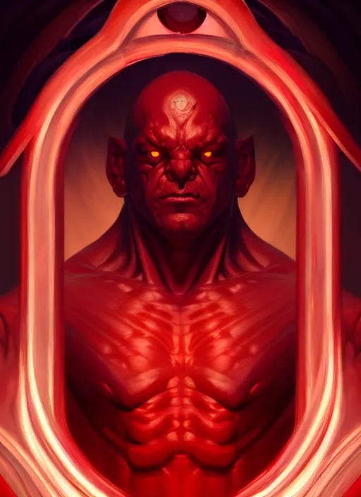 Image similar to symmetry!! portrait of a evil man, glowing red eyes!! muscular, robes! intricate, elegant, highly detailed, digital painting, artstation, concept art, smooth, sharp focus, illustration, art by artgerm and greg rutkowski and alphonse mucha