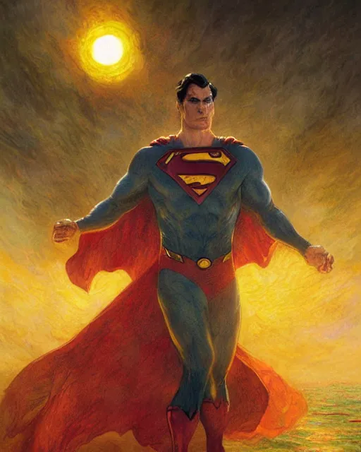 Image similar to superman emerging from the sun, highly detailed face, intricate, deep focus, elegant, orange yellow ethereal, horror, fantasy art by greg rutkowski and magali villeneuve and claude monet