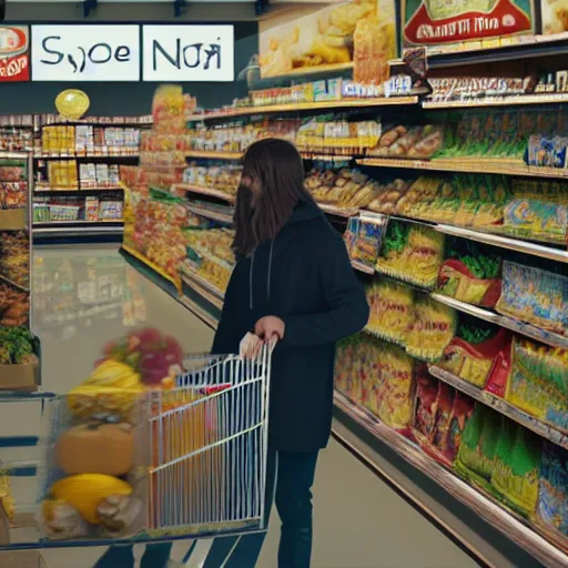 Image similar to mid shot of an realistic jesus buying groceries at the store, shot by amanda carlson and alex strelkovv, professional photo, masterpiece, very detailed, hyper - realistic, unreal engine, straight face, cinematic, 4 k