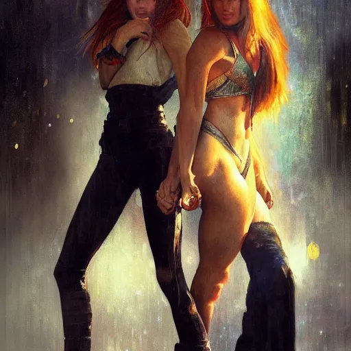 Image similar to bella thorne and megan fox, hyperrealistic full figure, bladerunner street, art of elysium by jeremy mann and frank frazetta and alphonse mucha, fantasy art, photo realistic, dynamic lighting, artstation, full figure poster, volumetric lighting, very detailed face, 4 k, award winning