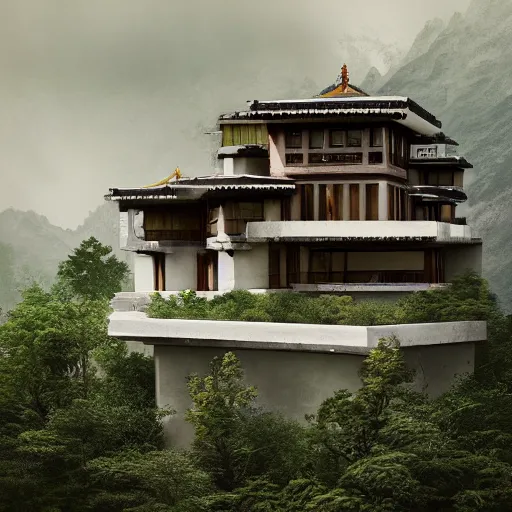 Image similar to modernist house inspired by a tibetan palace, overlooking a valley, big trees, clouds, dramatic lighting, artstation, matte painting, raphael lacoste, simon stalenhag, frank lloyd wright