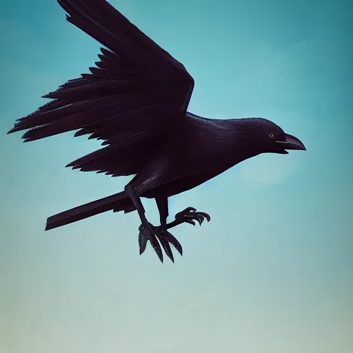 Prompt: a crow flying towards an island, texture, intricate, details, highly detailed, masterpiece, architecture, building, trending on artstation, focus, sharp focus, concept art, digital painting, fantasy, sunny, day, midday