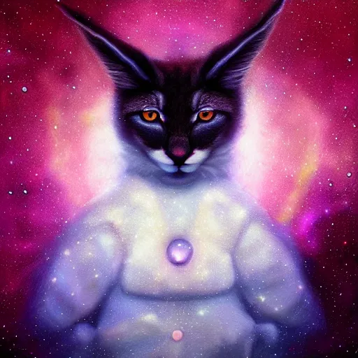 Image similar to cute fluffy caracal, futuristic iridescent clothing, wormhole, nebula, black hole, aries constellation, multiverse, neon god of city character portrait, in the style of margaret keane, moebius, tom bagshaw, and waterhouse, cinematic lighting, beautiful, elegant, oil painting