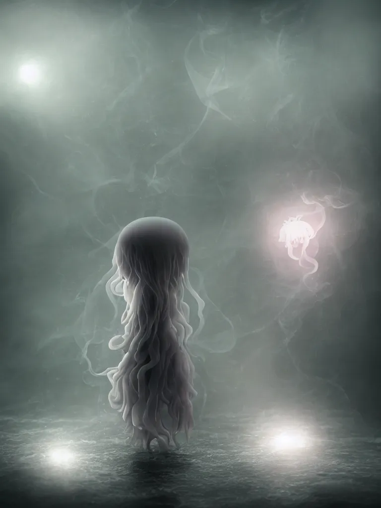 Image similar to cute fumo chibi plush beautiful ectoplasmic gothic skeletal jellyfish ghost girl, glowing milky wisps of hazy smoke and volumetric fog on a stormy reflective river, lens flare, subsurface scattering, vignette, asymmetry, bokeh, refraction, vray