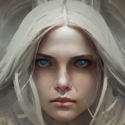 Image similar to a portrait of a beautiful hopeful lady with pretty eyes, beautiful eyes, beautiful eyes, beautiful eyes, highly detailed eyes, looking up, looking up, light smiling, art of wlop and greg rutkowski, intricate, high details, eyes, epic fantasy art, cgsociety, trending on artstation, bright light masterpiece, ray of light through white hair