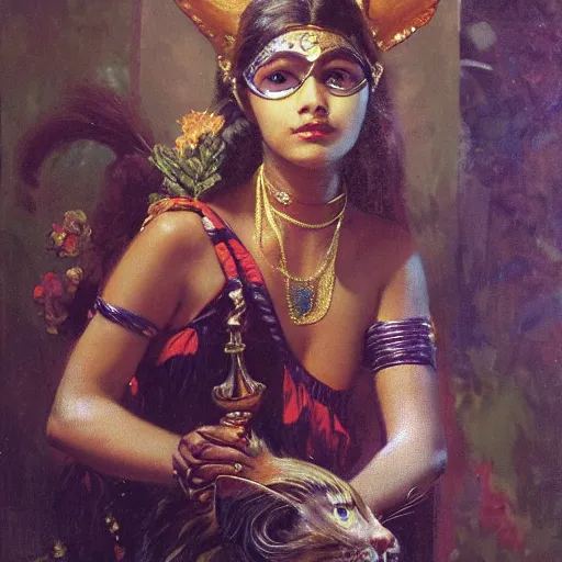 Image similar to detailed potrait 8 0 s srilankan girl with cat woman mask in baroque painting, girl graceful,, painting by gaston bussiere, craig mullins, j. c. leyendecker, lights, art by ernst haeckel, john william godward, hammershøi,,