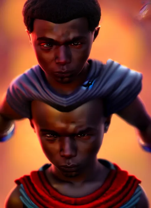 Image similar to An epic fantasy comic book style portrait painting of a small dark skinned boy thief, unreal 5, DAZ, hyperrealistic, octane render, cosplay, RPG portrait, dynamic lighting