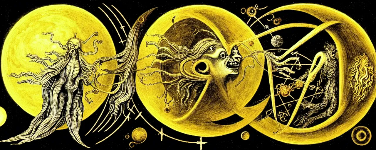 Image similar to a strange alchemical homunculus creature with a mouth of gold radiates a unique canto'as above so below'to the moon, while being ignited by the spirit of haeckel and robert fludd, breakthrough is iminent, glory be to the magic within, in honor of saturn, painted by ronny khalil