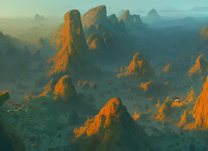 Prompt: concept art painting of a distant valley village from above, early morning, cel shaded, by makoto shinkai and moebius and anton fadeev and james gurney