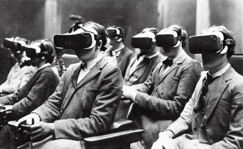 Image similar to 1 9 0 0 s photo of people wearing virtual reality headsets vr in a movie theater masterpiece old photograph
