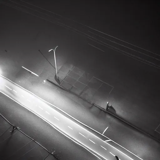 Prompt: A stunningly beautiful award-winning 8K high angle cinematic movie photograph of a foggy intersection in an abandoned 1950s small town at night, by Edward Hopper and David Fincher and Darius Khonji, cinematic lighting, perfect composition, moody low key volumetric light. Color palette from Seven. Shot from above, 3 point perspective, from rooftop