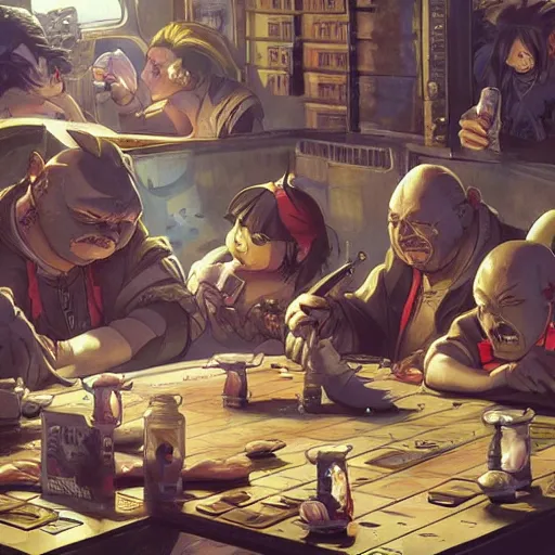Image similar to precisely drawn illustration of anime group of dwarfs playing cards, wide angle, sharp, fine details, anime, manga, cyberpunk, realistic shaded lighting by katsuhiro otomo ghost-in-the-shell, magali villeneuve, artgerm, rutkowski Jeremy Lipkin and Giuseppe Dangelico Pino and Michael Garmash and Rob Rey