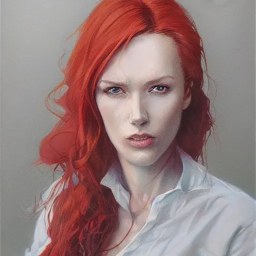 Image similar to a beautiful artwork portrait of a woman with white shirt and red hair smoking a cigarette by Jerome Opeña, featured on artstation