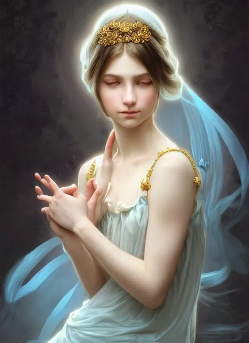 Prompt: Portrait of dreamy and ethereal girl with light blue eyes, peaceful expression, ornate frilly dress, fantasy, intricate, elegant, beautiful, digital art, beautiful dynamic lighting, golden ratio, highly detailed, digital painting, trending on artstation, concept art, smooth, sharp focus, illustration, photo realistic, art by artgerm and greg rutkowski and alphonse mucha and yoji shinkawa, 4K