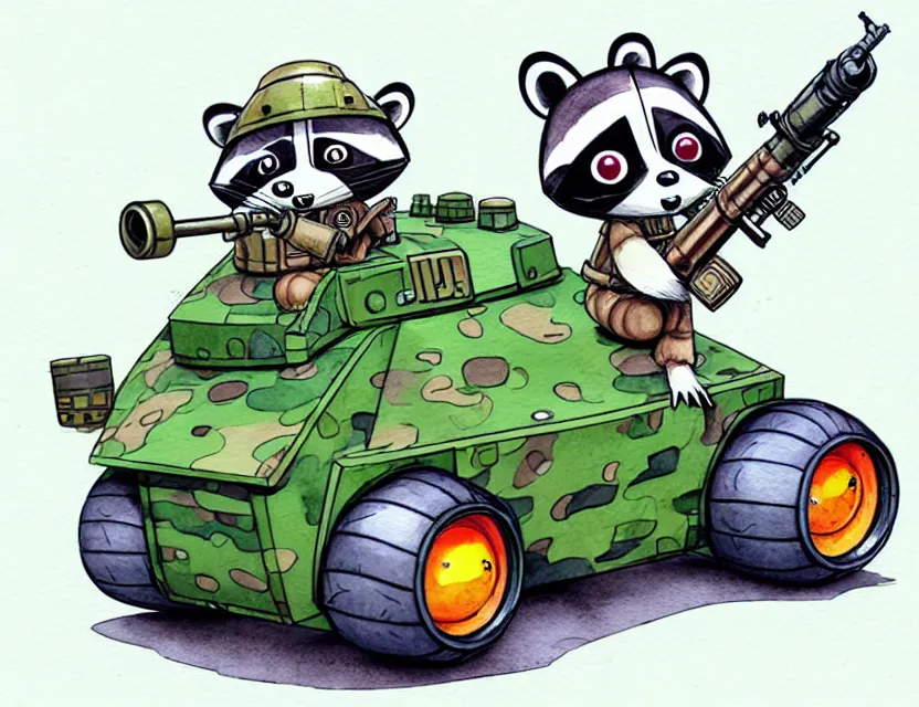 Image similar to cute and funny, racoon wearing army helmet riding in a tiny tank with large cannon, ratfink style by ed roth, centered award winning watercolor pen illustration, isometric illustration by chihiro iwasaki, edited by range murata