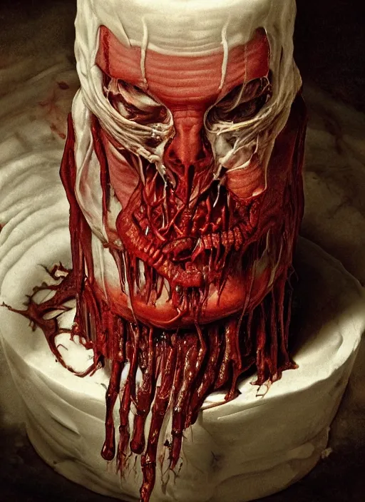 Image similar to demonic birthday cake with translucent skin, visible muscles and veins and arteries and bones and spines and nerves, beautiful detailed intricate insanely detailed octane render, 8k artistic photography, photorealistic, chiaroscuro, by David Cronenberg, Raphael, Caravaggio