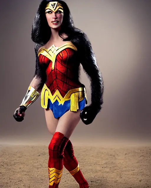 Image similar to a Chimpanzee dressed as Wonder Woman photographed in the style of Annie Leibovitz, photorealistic