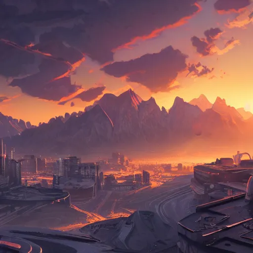 Image similar to beautiful sunset over detailed cyberpunk suburb in a valley surrounded by epic mountains with snowtops, sharp, highly detailed, oil on canvas, kacper niepokolczycki, syd mead, 4 k, perfect geometry