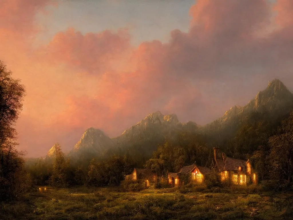 Image similar to a witchhouse with lighted windows in a woodland, mountain in background, evening mood, pink clouds in the sky, by clive madgwick