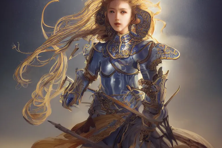 Image similar to portrait knights of Zodiac girl, Chinese Blue and white porcelain reflected armor, kung fu fighting in ruined Agora of Athens sunrise, ssci-fi, fantasy, intricate, very very beautiful, elegant, golden light, highly detailed, digital painting, artstation, concept art, smooth, sharp focus, illustration, art by tian zi and WLOP and alphonse mucha