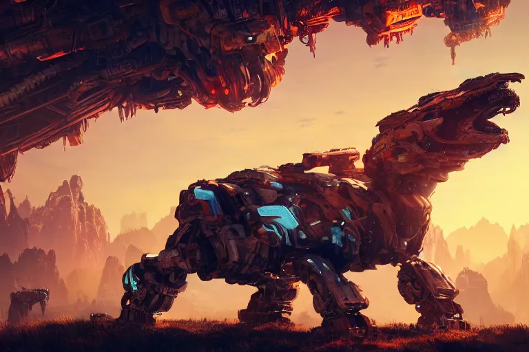 Image similar to snapmaw machine mecanical creature robot of horizon forbidden west horizon zero dawn radiating a glowing aura global illumination ray tracing hdr fanart arstation by ian pesty and alena aenami artworks in 4 k