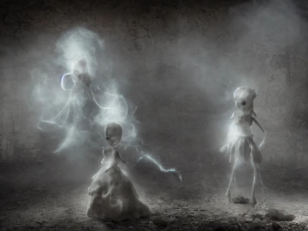 Prompt: cute fumo plush girl ghost in a mysterious concrete wartorn brutalist ruin, ominous bright lens flare glow, chibi gothic wraith maiden of the afterlife, dramatic three point lighting, glowing wisps of hazy smoke and volumetric fog swirling about, production volume rendering, vray