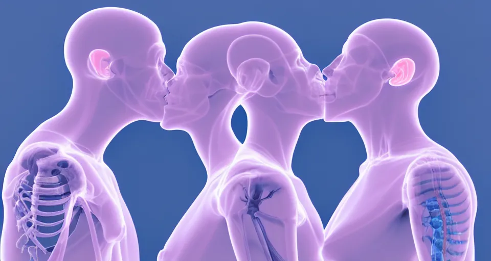 Image similar to xray medical photos of couples kissing each other, octane render, concept art, realistic, high details, art by hsiao - ron cheng and james jean highly detailed, intricate detail, unreal engine, octane render