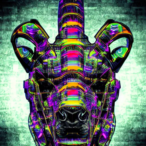 Prompt: complex cyberpunk machine background merged with evil cybernetic goat head in center focus, multicolored digital art