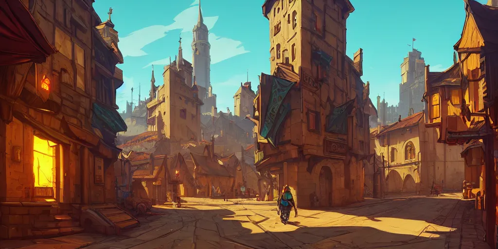 Image similar to medieval city landscape, gta v art, borderlands style, celshading, trending on artstation, by rhads, andreas rocha, rossdraws, makoto shinkai, laurie greasley, lois van baarle, ilya kuvshinov and greg rutkowski