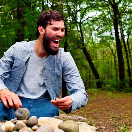 Prompt: man eating rocks happily