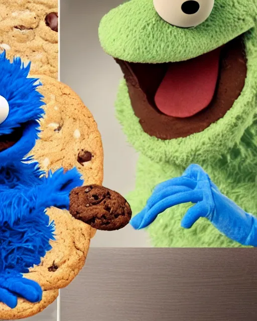 Prompt: cookie monster eating a cookie with kermit the frog on de _ nuke