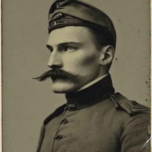 Image similar to late 1 9 th century, austro - hungarian!!! soldier ( handsome, 2 7 years old, redhead michał zebrowski with a small mustache ). old, sepia tones, detailed, hyperrealistic, 1 9 th century portait by emil rabending