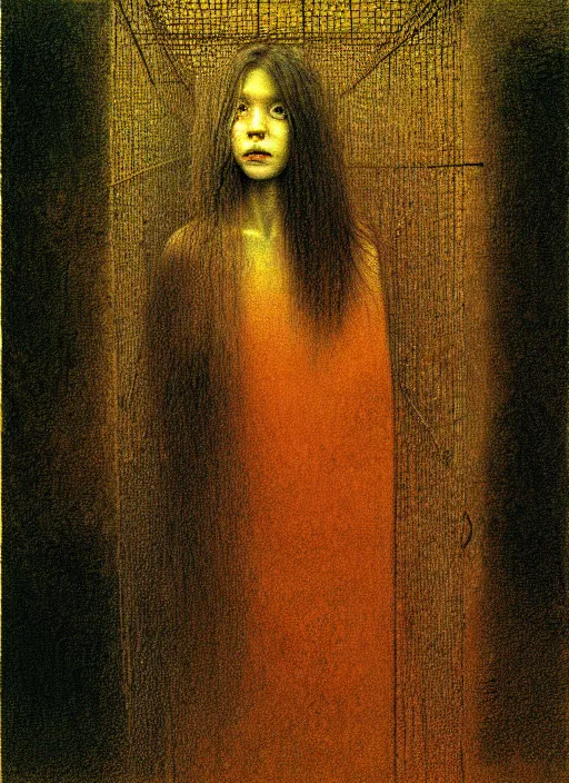 Image similar to girl with long hairs inside cage by Beksinski