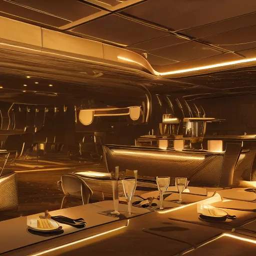 Prompt: interior futuristic restaurant at the end of the universe, great view, retro spaceships parked outside, styled by music, hyper - sonic, hyper - realistic, hyper - detailed, 8 k, octane rendered, epic composition, 8 k