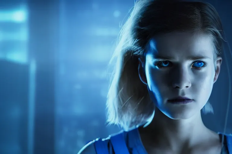 Image similar to promotional image from a dystopian sci - fi movie, a girl in a dark dystopian lab, blue lighting, muted colors, medical equipment, 8 k, cinematic, dramatic lighting, very detailed face, movie still frame, promotional image, imax 7 0 mm footage