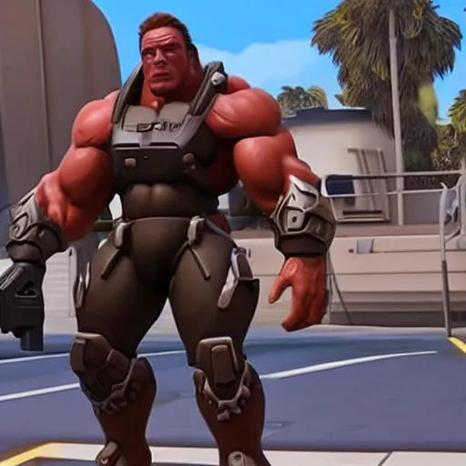 Image similar to a screenshot of arnold schwarzenegger as winston in overwatch